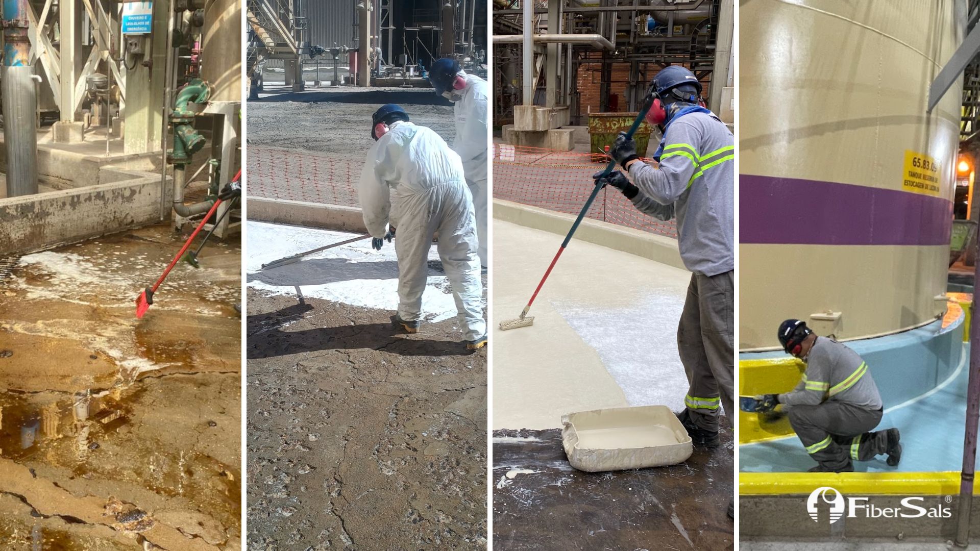 trabalhadores aplicando o sistema fibersals para impermeabilizar bacia de contenção em planta de papel e celulose